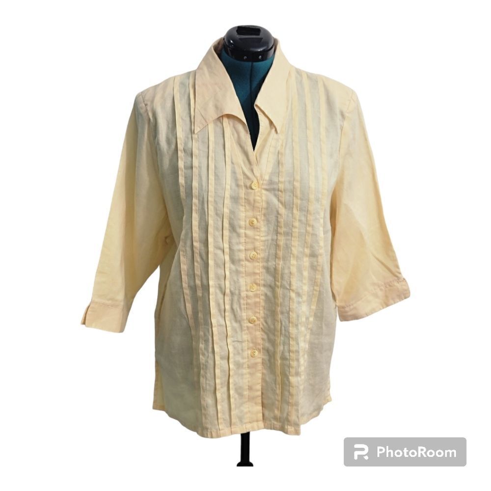 Natural Collection 100% Linen 3/4 Sleeve Button Down Shirt Yellow V Neck Size 1X